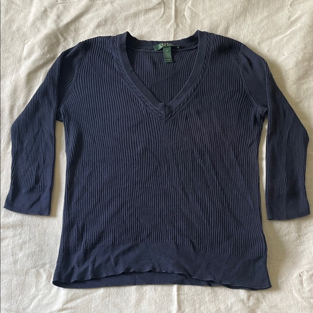 Blue Ribbed 3/4 Sleeve Top